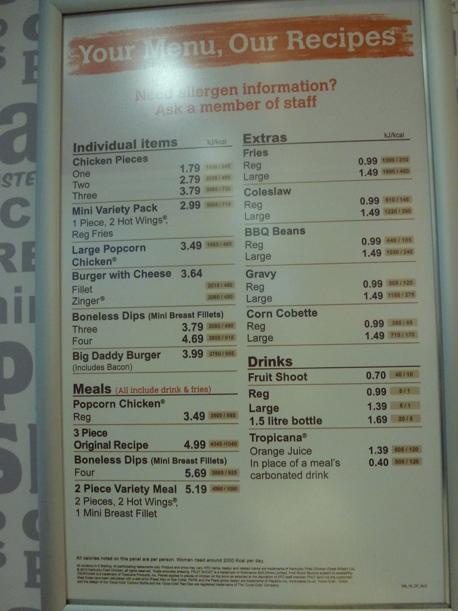 KFC Menu Prices UK - Price List 2017